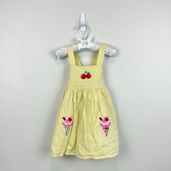 Mini Boden Yellow Seersucker Applique Ice Cream Pinafore Dress 18-24 Months - Picture 1 of 8